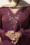 Mithi Supari_Wine Tissue, Cotton Sequins, Mirrors, Embroidery V-neck Bedina Kurta Set _at_Aza_Fashions