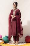 Buy_Mithi Supari_Wine Silk, Organza, Cotton Embroidery High Neck Kamini Yoke Kurta Pant Set _at_Aza_Fashions