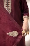 Shop_Mithi Supari_Wine Silk, Organza, Cotton Embroidery High Neck Kamini Yoke Kurta Pant Set _Online_at_Aza_Fashions