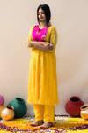 Mithi Supari_Yellow Chanderi, Cotton Sequins, Zari Basanti Yoke Embroidered Tunic And Pant Set _Online_at_Aza_Fashions