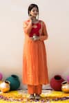 Buy_MITHI SUPARI_Orange Mul Chanderi Hand Embroidered Zari Round Basanti Yoke Tunic Pant Set _at_Aza_Fashions