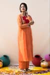Shop_MITHI SUPARI_Orange Mul Chanderi Hand Embroidered Zari Round Basanti Yoke Tunic Pant Set _at_Aza_Fashions