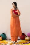 MITHI SUPARI_Orange Mul Chanderi Hand Embroidered Zari Round Basanti Yoke Tunic Pant Set _Online_at_Aza_Fashions