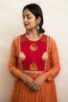 Shop_MITHI SUPARI_Orange Mul Chanderi Hand Embroidered Zari Round Basanti Yoke Tunic Pant Set _Online_at_Aza_Fashions