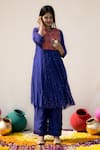 Buy_MITHI SUPARI_Blue Mul Chanderi Hand Embroidered Brocade Round Yoke Tunic And Pant Set _at_Aza_Fashions