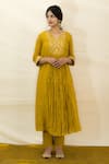 Buy_MITHI SUPARI_Yellow Malai Chanderi Hand Embroidered Mirror Tunic  V Neck Yoke And Pant Set _at_Aza_Fashions