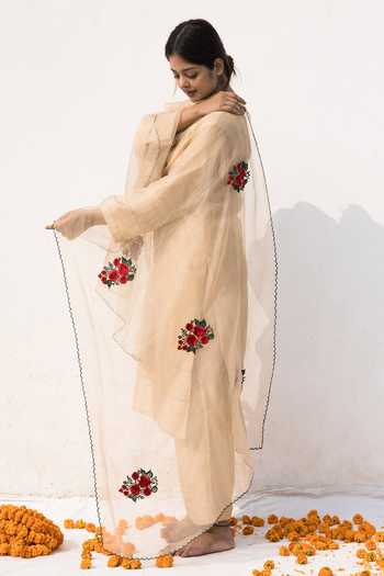 Shop_Mithi Supari_Beige Silk, Organza Embroidery Round Neck Maya Chanderi Kurta Pant Set _at_Aza_Fashions