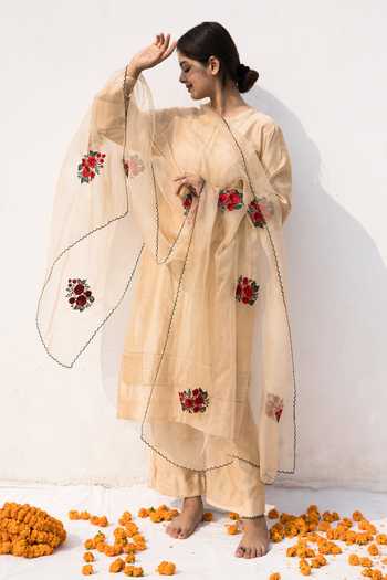 Mithi Supari_Beige Silk, Organza Embroidery Round Neck Maya Chanderi Kurta Pant Set _Online_at_Aza_Fashions