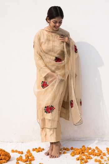 Buy_Mithi Supari_Beige Silk, Organza Embroidery Round Neck Maya Chanderi Kurta Pant Set _Online_at_Aza_Fashions