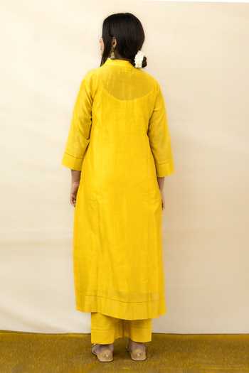 Mithi Supari_Yellow Silk, Organza, Chanderi Embroidery V-neck Malti Solid Kurta Pant Set _Online_at_Aza_Fashions