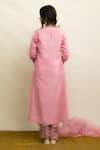 Shop_Mithi Supari_Pink Silk, Organza Embroidery Split V-neck Kishori Notched Kurta Pant Set _at_Aza_Fashions