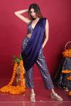 Buy_Monk & Mei By Sonia Anand_Blue Silk, Brocade Embroidery V-neck Floral Pattern Pant Set With Solid Drape _at_Aza_Fashions