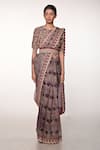 Soumodeep Dutta_Purple Silk Organza Block Printed Thread And Hand Embroidered Saree With Blouse_Online_at_Aza_Fashions