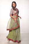 Soumodeep Dutta_Green Silk Organza Block Printed Thread And Hand Embroidered Saree With Blouse _Online_at_Aza_Fashions