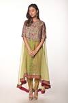 Soumodeep Dutta_Green Chanderi Hand Embroidered Thread Round Tunic And Skirt Set _Online_at_Aza_Fashions