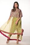 Buy_Soumodeep Dutta_Green Chanderi Hand Embroidered Thread Round Tunic And Skirt Set _Online_at_Aza_Fashions