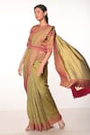 Soumodeep Dutta_Green Handloom Silk Block Printed Thread Round And Embroidered Saree With Blouse _Online_at_Aza_Fashions