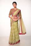 Buy_Soumodeep Dutta_Green Silk Organza Block Printed Thread And Hand Embroidered Saree With Blouse _at_Aza_Fashions