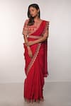 Buy_Soumodeep Dutta_Red Handloom Silk Block Printed Thread And Hand Embroidered Saree With Blouse _at_Aza_Fashions