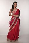 Soumodeep Dutta_Red Handloom Silk Block Printed Thread And Hand Embroidered Saree With Blouse _Online_at_Aza_Fashions