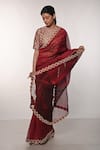 Buy_Soumodeep Dutta_Red Handloom Silk Printed Striped Round Border Embroidered Saree With Blouse _at_Aza_Fashions