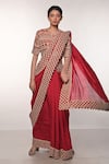 Soumodeep Dutta_Red Handloom Silk Block Printed Thread Border Embroidered Saree With Blouse _Online_at_Aza_Fashions