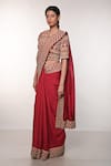 Buy_Soumodeep Dutta_Red Handloom Silk Block Printed Thread Border Embroidered Saree With Blouse _Online_at_Aza_Fashions