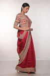 Shop_Soumodeep Dutta_Red Handloom Silk Block Printed Thread Border Embroidered Saree With Blouse _Online_at_Aza_Fashions