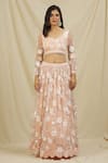 Rohini Bedi_Peach Net Embroidery Sequin Notched And Bead Bridal Lehenga Set _at_Aza_Fashions