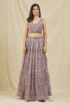 Rohini Bedi_Purple Net Embroidered Sequin And Thread Work V Neck Lehenga Set _Online_at_Aza_Fashions