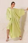 Buy_Chhaya Mehrotra_Green Silk Satin Tassels V-neck Geometric Chain Print Kaftan _at_Aza_Fashions