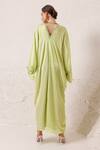 Shop_Chhaya Mehrotra_Green Silk Satin Tassels V-neck Geometric Chain Print Kaftan _at_Aza_Fashions