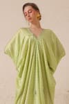 Shop_Chhaya Mehrotra_Green Silk Satin Tassels V-neck Geometric Chain Print Kaftan _Online_at_Aza_Fashions