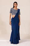 Shop_Chhaya Mehrotra_Blue Silk, Crepe Rhinestones, Pre-draped Godet Saree With Embellished Blouse _at_Aza_Fashions