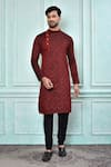 Buy_Aryavir Malhotra_Maroon Kurta Jacquard Embroidered Geometric Sequin Work And Black Churidar Set (For Kids)_at_Aza_Fashions