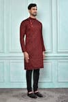 Aryavir Malhotra_Maroon Kurta Jacquard Embroidered Geometric Sequin Work And Black Churidar Set For Kids_at_Aza_Fashions