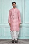 Shop_Aryavir Malhotra_Peach Kurta Art Silk Printed Floral And White Dhoti Pant Set _Online_at_Aza_Fashions