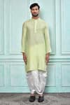 Shop_Aryavir Malhotra_Green Kurta Cotton Mix Jacquard Woven Thread And White Dhoti Pant Set _Online_at_Aza_Fashions