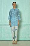 Buy_Samyukta Singhania_Blue Top  Chanderi Hand Block Printed Geometric Collared Moksh And Pant Set_Online_at_Aza_Fashions