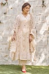 NAAZ BY NOOR_Beige Cotton Chanderi Embroidered And Embellished Thread & Heart Kurta Pant Set _Online_at_Aza_Fashions