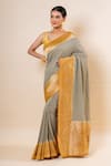 Buy_TaBa Kashi By Artika Shah_Grey Chunri Butti Pattern Saree With Unstitched Blouse Fabric  _at_Aza_Fashions