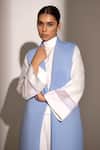 Shop_Kritika Madan Label_Blue Neoprene Solid Shawl Lapel Sleeveless Coat _Online_at_Aza_Fashions