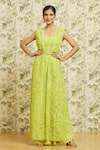 Buy_Mishru_Green Jacket Organza Embroidery 3d Floral Jacket Draped Skirt Set  _at_Aza_Fashions