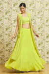 Mishru_Green Lehenga And Cape Organza Embroidery Thread Cape Water Set  _at_Aza_Fashions