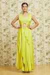 Buy_Mishru_Green Jacket Organza Embroidery Crystal Jacket Open Draped Skirt Set  _Online_at_Aza_Fashions