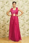 Mishru_Fuchsia Jacket Organza Embroidery Sleeveless Draped Skirt Set  _at_Aza_Fashions