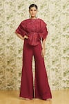 Buy_Mishru_Red Top And Pant Organza Embroidery Sequin Boat Cape Sleeve Pouf Set  _at_Aza_Fashions