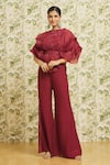 Shop_Mishru_Red Top And Pant Organza Embroidery Sequin Boat Cape Sleeve Pouf Set  _Online_at_Aza_Fashions