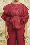 Mishru_Red Top And Pant Organza Embroidery Sequin Boat Cape Sleeve Pouf Set  _at_Aza_Fashions