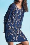 Shop_Studio Radical_Blue Georgette, Linen Beads Round Neck Hand Embroidered Dress _at_Aza_Fashions